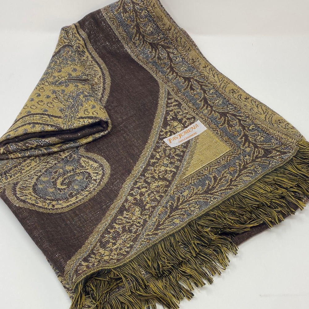 Elegant Paisley Cashmere Pashmina - brown, tan/gold, grey/blue, silver